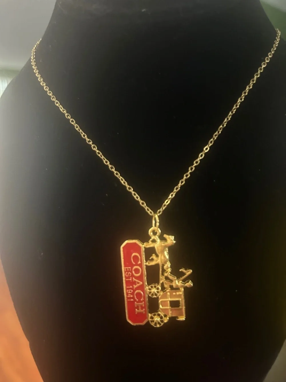 COACH Gold and Red Carriage Logo Pendant Necklace - Picture 3 of 9